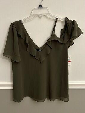 1. State Olive Green Ruffle V-Neck Off the Shoulder Cold Shoulder Chiffon Top XS